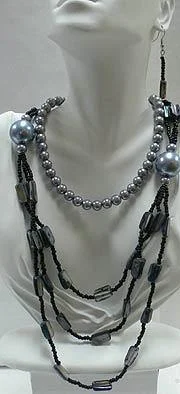 Offset stone necklace-N8703 Necklace/Earrings Set Dark Gray & Black OD850122-8703dk