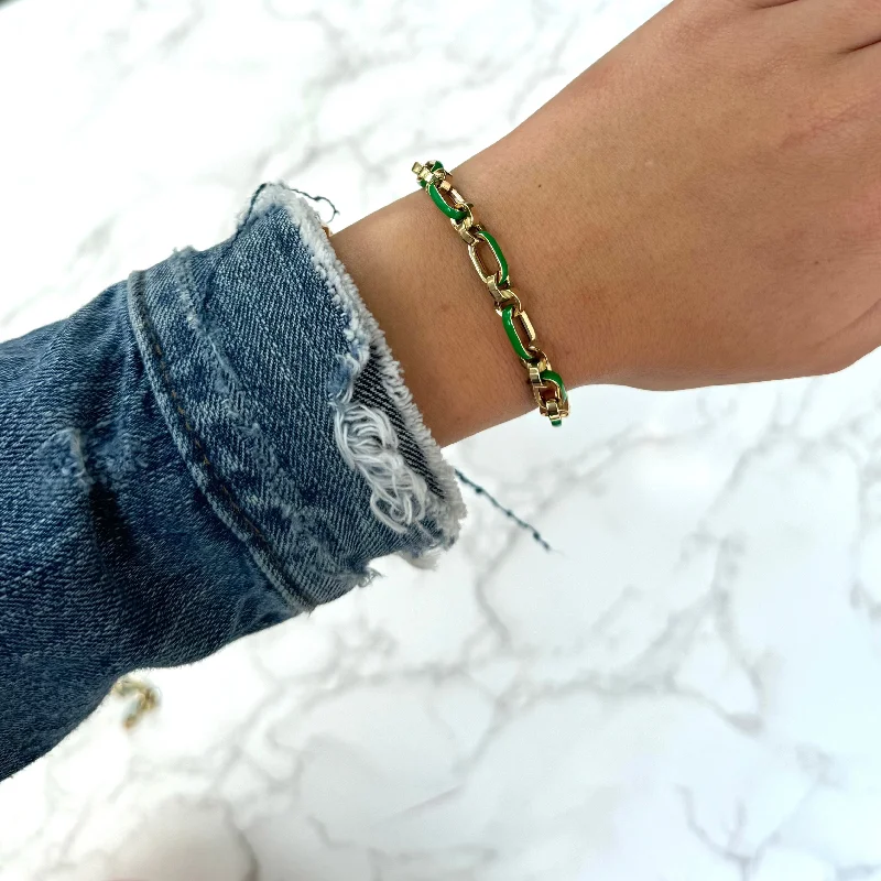 Etched band bracelet-14K GOLD GREEN ENAMEL DEVIN LINK BRACELET