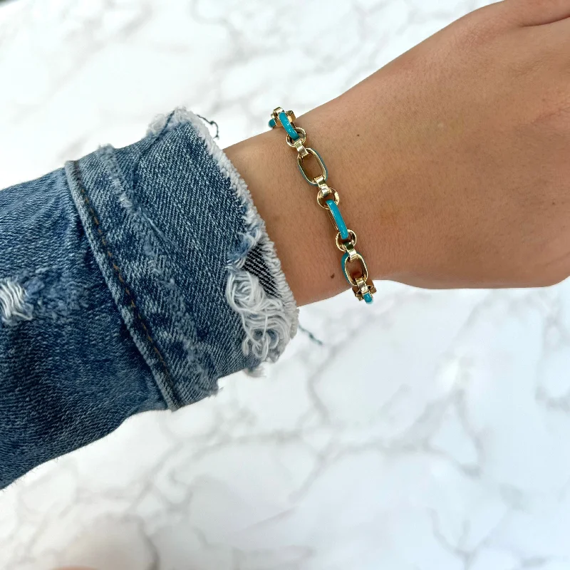 Natural sapphire bracelet-14K GOLD TURQUOISE ENAMEL DEVIN LINK BRACELET