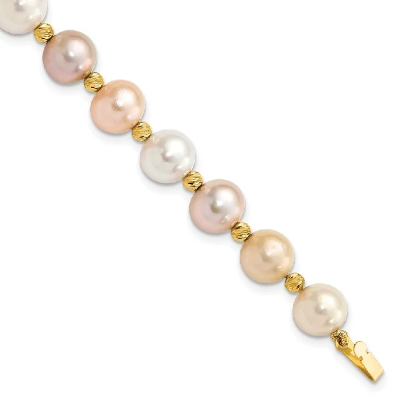 Flexible stone bracelet-14k Yellow Gold 8-9mm Semi-round Pink Purple White FWC Pearl Diamond-Cut Beaded Bracelet, 7.5"