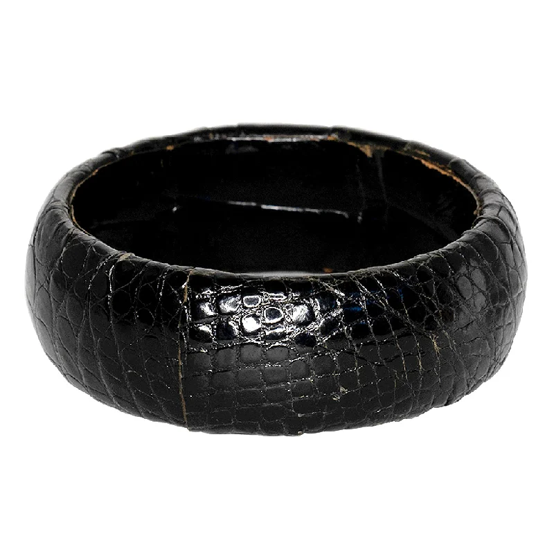 Piled birthstone bracelet-Vintage Black  Alligator Leather Bangle Bracelet