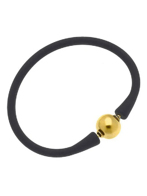 Polished steel bracelet-Bali Bracelet Gold Ball Bead - Black