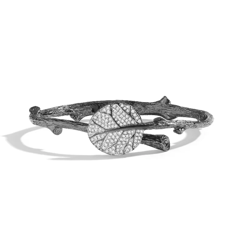 Rough-hewn stone bracelet-Botanical Leaf Bangle Bracelet with Diamonds