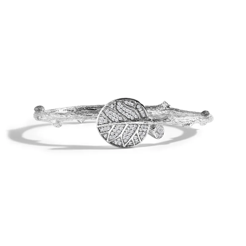 Stamped design bracelet-Botanical Leaf Bangle Bracelet with Diamonds