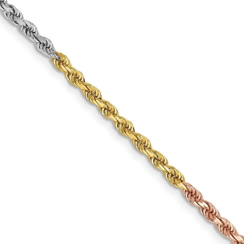 Sunken stone bracelet-Curata 14k Tri Color Solid Gold 2.5mm Sparkle Cut Rope Chain Bracelet Lobster Claw