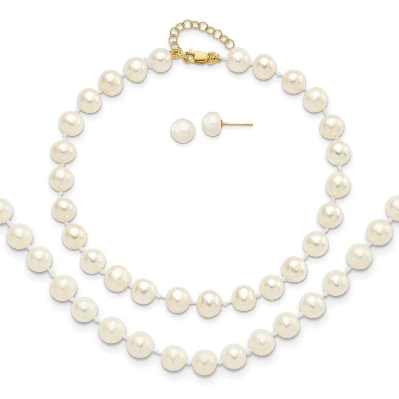 Stout link necklace-Curata 14k Yellow Gold 6-7mm Cultured Pearl Earrings, 7.25"Bracelet and 18"Necklace Set