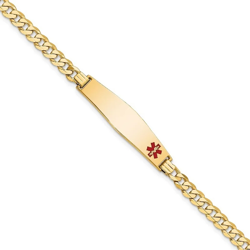 Etched band bracelet-Curata 14k Yellow Gold 8.5mm Engravable Medical Red Enamel Flat Curb Link ID Bracelet