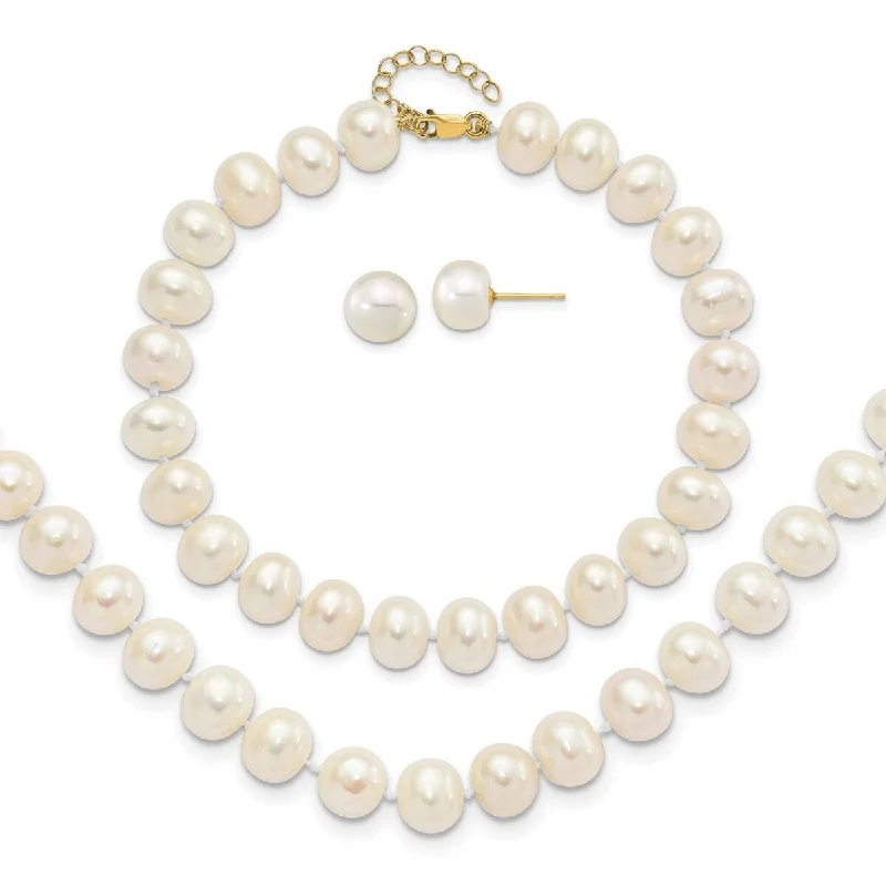 Rounded stone necklace-Curata 14k Yellow Gold 8-9mm Cultured Pearl Earrings, 7.25"Bracelet and 18"Necklace Set