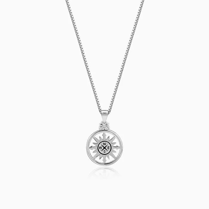 Stamped gem necklace-Silver Compass of Life Pendant with Link Chain For Him