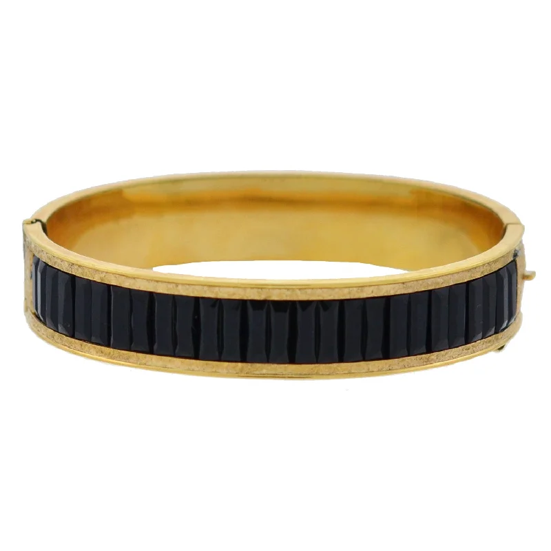 Glowing iolite bracelet-DUNN BROS. Art Deco Gold-Filled + Faux Onyx Etched Bangle Bracelet