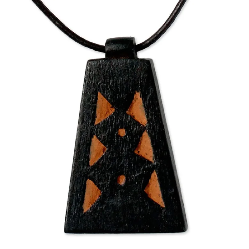 Subtle-carved necklace-Handcrafted Men's Teakwood Leather 'Between Pyramids' Necklace (Ghana)