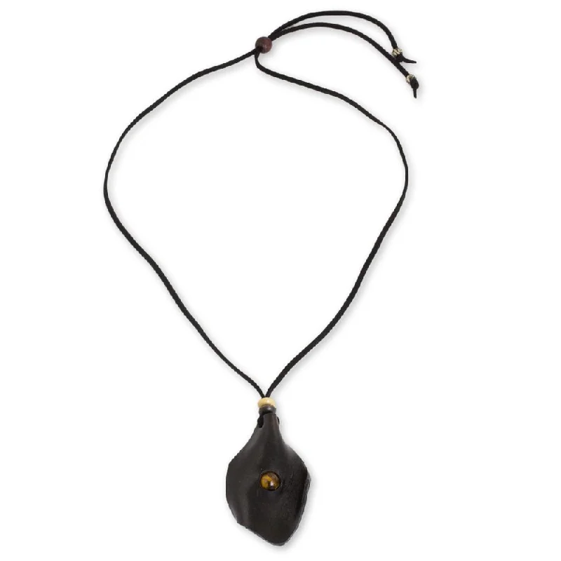 Dimpled necklace-Handmade Men's Leather 'Thai Cowboy in Black' Tiger's Eye Necklace (Thailand)