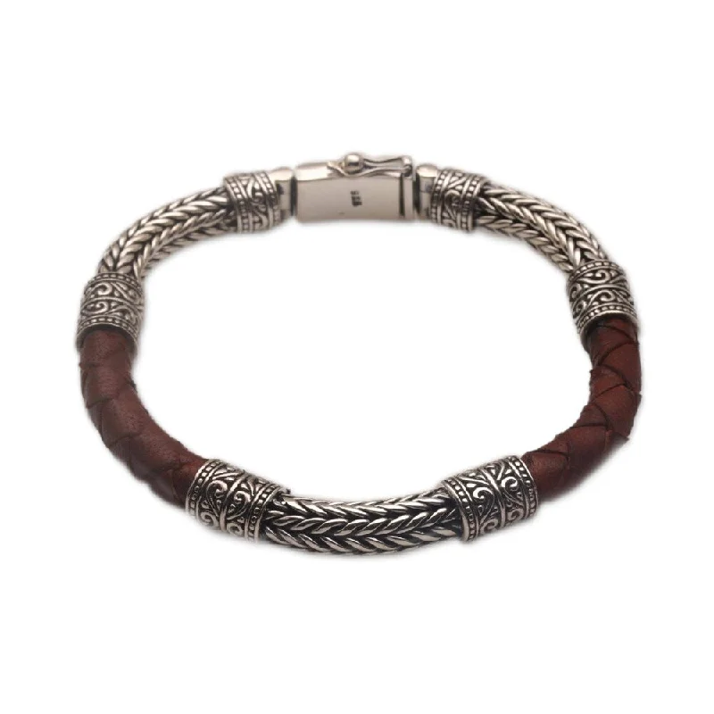 Polished steel bracelet-Handmade Men's Sterling Silver Leather shades of copper and black 'Royal Weave in Brown' Bracelet (Indonesia)