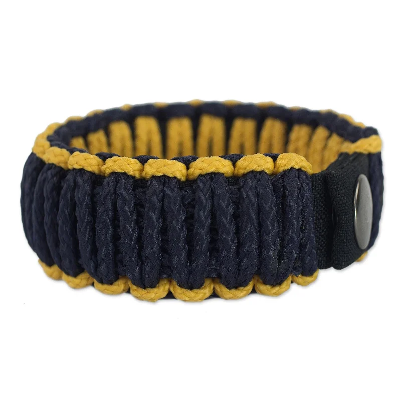 Stamped gem bracelet-Handmade Polyester Men's 'Amina in Gold and Navy' Wristband Bracelet (Ghana)