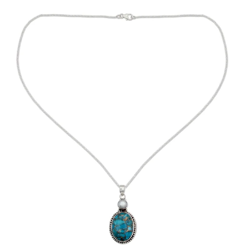 Stamped gem necklace-Handmade Sterling Silver 'Blue Visions' Pearl Turquoise Necklace (6 mm) (India)