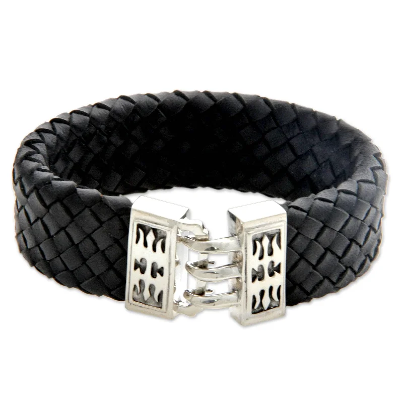 Parted-tier bracelet-Handmade Sterling Silver Men's 'Tribal Warrior' Leather Bracelet (Indonesia)