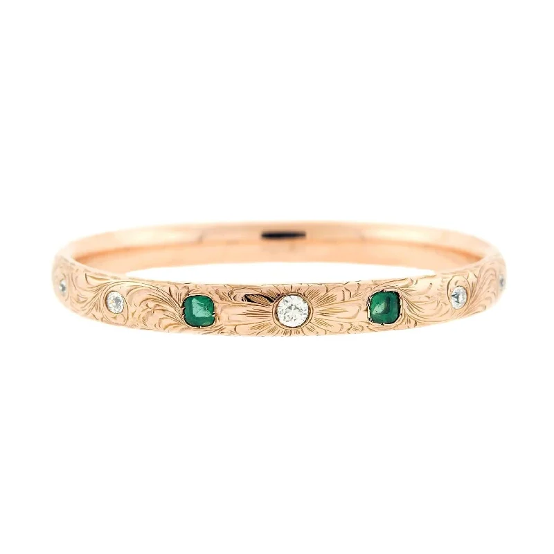 Night moon bracelet-Late Victorian 14k Diamond and Emerald Etched Bangle