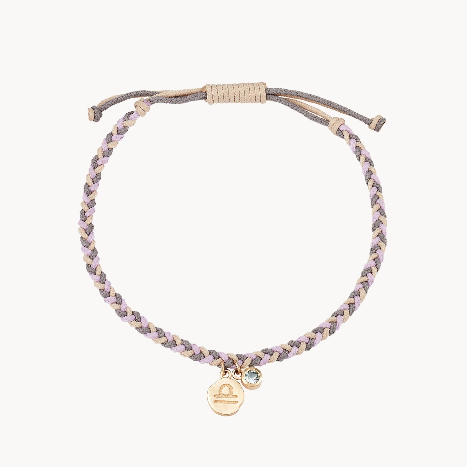 Shiny gem bracelet-libra zodiac air element cord bracelet - 10k yellow gold, aquamarine, cord