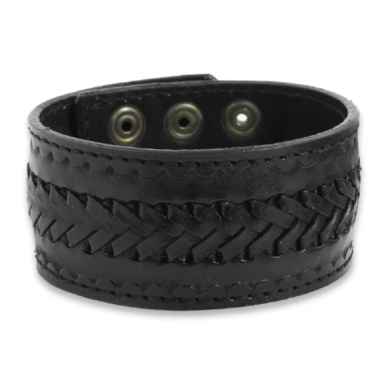 Brushed steel bracelet-Men's Handmade Leather 'Rugged Black' Bracelet (Thailand)