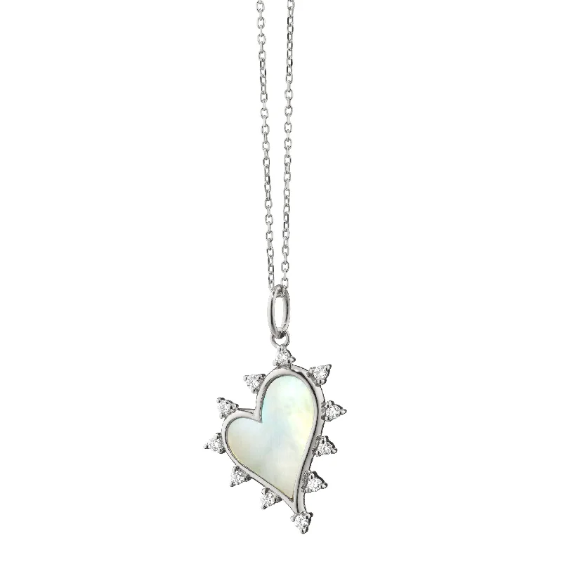 Icy aquamarine necklace-Mother of Pearl Heart Necklace with White Sapphires