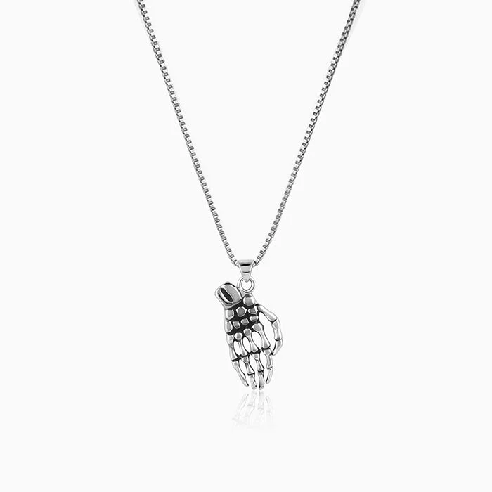 Polished steel necklace-Oxidised Silver Skeletal Hand Pendant With Box Chain For Him