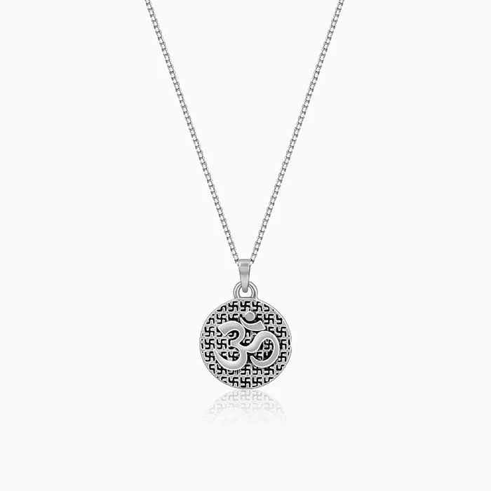 Glimmering gem necklace-Oxidised Silver Om Pendant with Box Chain For Him