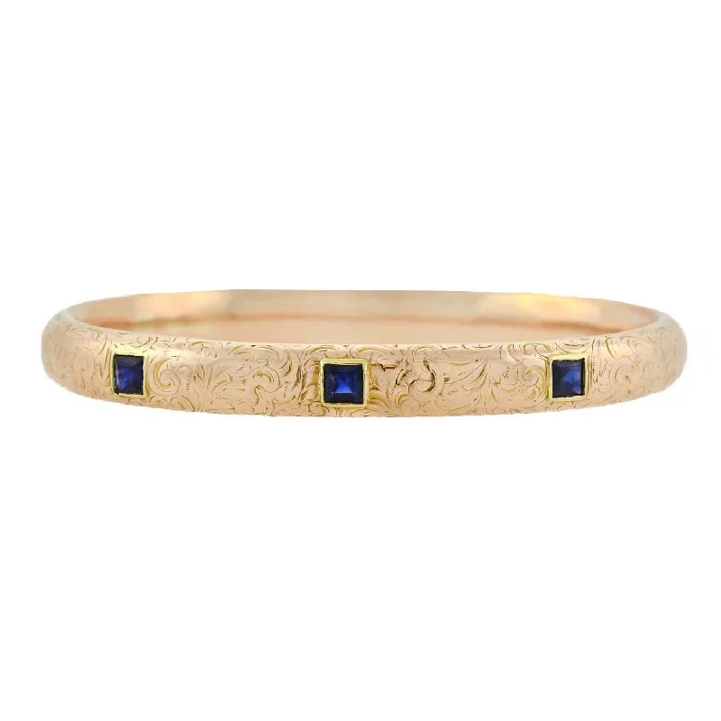 Clasped gem bracelet-RIKER BROTHERS Art Nouveau 14kt Sapphire Etched Floral Bangle Bracelet 1.00ctw