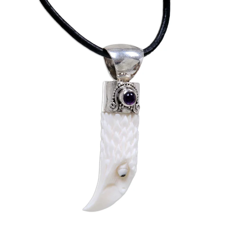 Fine-level necklace-Silver/ Cowbone 'Brave Eagle' Men's Amethyst Necklace (Indonesia)