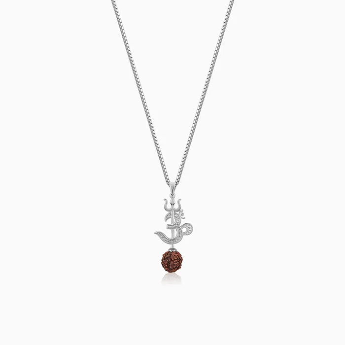 Ruffled rim necklace-Silver Om Trishul Rudraksha Pendant With Box Chain For Him