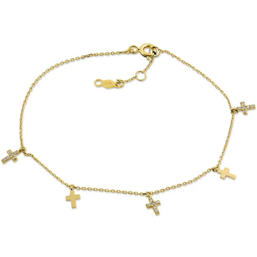 Thin diamond bracelet-Solid 14K Yellow Gold Cross CZ Bracelet