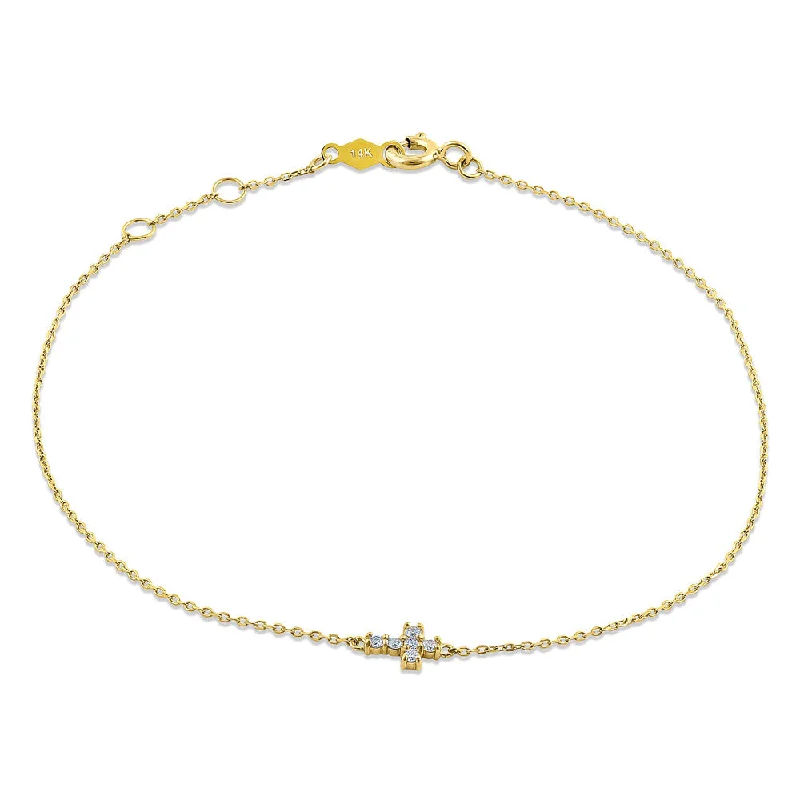 Crafted silver bracelet-Solid 14K Yellow Gold Cross Diamond Bracelet