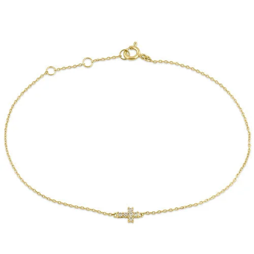 Folk grooved bracelet-Solid 14K Yellow Gold CZ Cross Bracelet