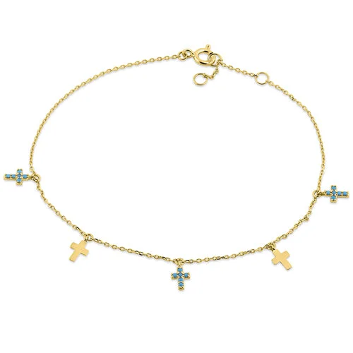 Stippled band bracelet-Solid 14K Yellow Gold Turquoise Cross Bracelet