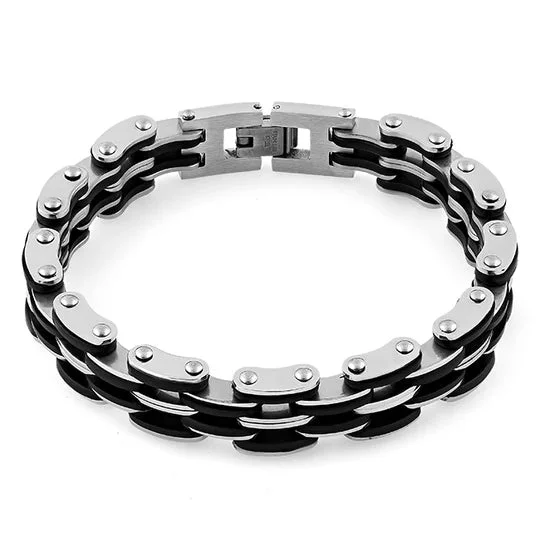 Tattered rim bracelet-Stainless Steel Black Rubber Link Bracelet