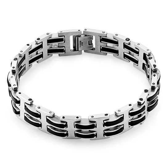 Braided bracelet-Stainless Steel Black Rubber Link Bracelet