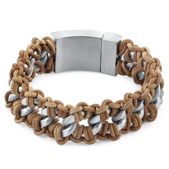 Pure stone bracelet-Stainless Steel Chain Tan Leather Bracelet