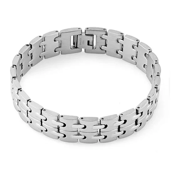 Tesselated band bracelet-Stainless Steel Groove Link Bracelet