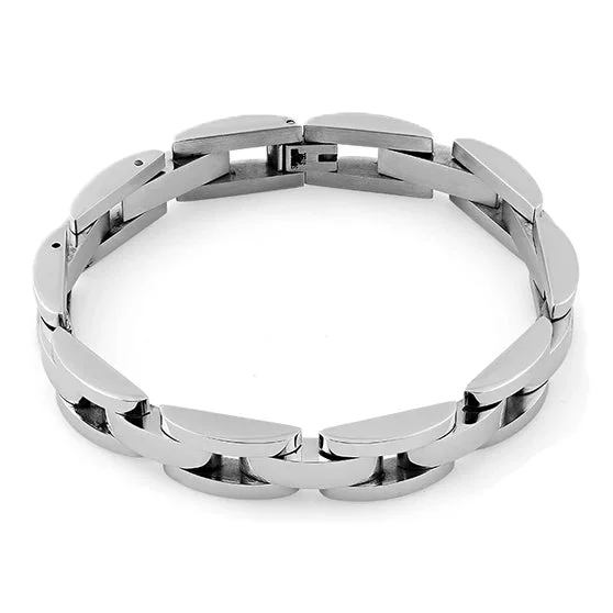 Elevated stone bracelet-Stainless Steel Half Oval Link Bracelet