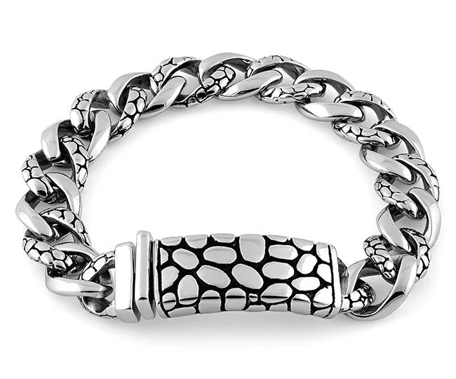 Stippled band bracelet-Stainless Steel ID Reptile Curb Link Bracelet