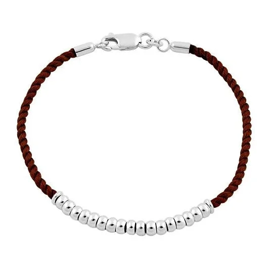 Fluid bracelet-Sterling Silver Half Beads Brown Silk Rope Bracelet