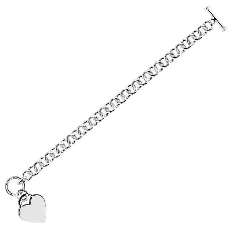 Shiny gem bracelet-Sterling Silver Rhodium Plated Rolo Style Heart Charmed Chain Bracelet