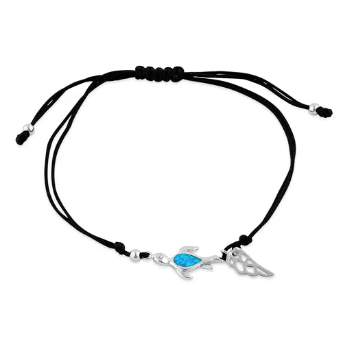 Buried bracelet-Sterling Silver Winged Blue Lab Opal Flatback Sea Turtle  Adjustable Silk Bracelet