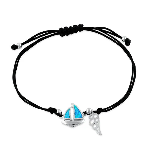 Retro chrysoprase bracelet-Sterling Silver Winged  Blue Lab Opal Sail Boat Adjustable Silk Bracelet