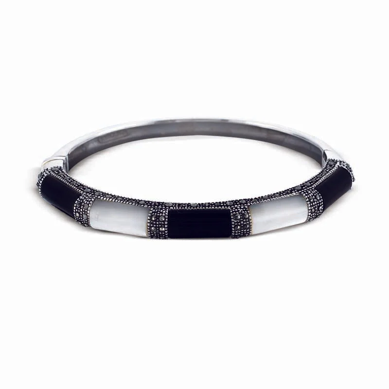 Ridge-set bracelet-STERLING SILVER BANGLE WITH MARCASITE,ONYX AND CABOCHON