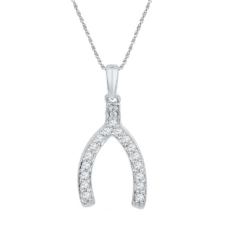 Summit gem necklace-10k White Gold Womens Round Diamond Lucky Wishbone Fortune Pendant 1/6 Cttw