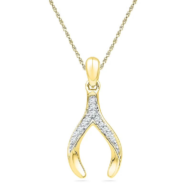 Swept gem necklace-10k Yellow Gold Round Diamond Womens Wishbone Lucky Pendant 1/20 Cttw