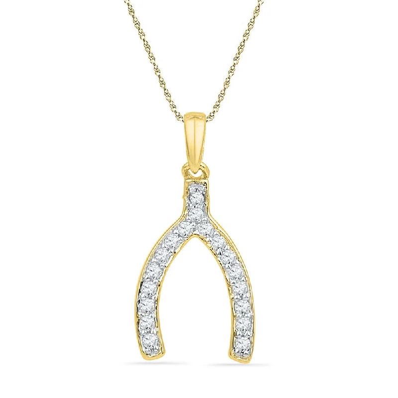 Glowing minimalist necklace-10k Yellow Gold Womens Round Diamond Lucky Wishbone Fortune Pendant 1/6 Cttw