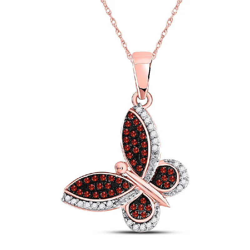 Flexible stone necklace-10kt Rose Gold Womens Round Red Color Enhanced Diamond Butterfly Bug Pendant 1/5 Cttw