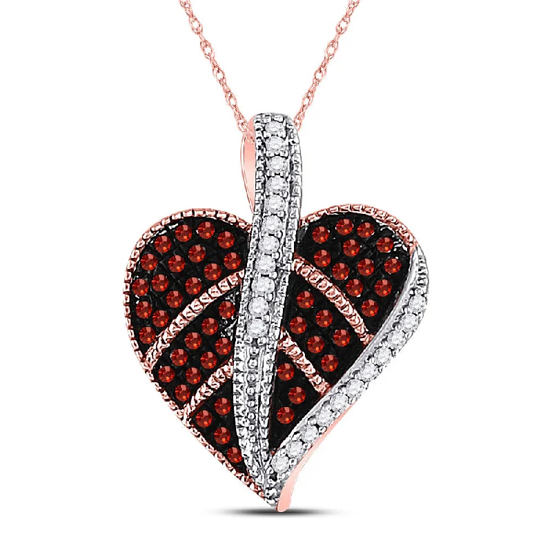 Radiant zircon necklace-10kt Rose Gold Womens Round Red Color Enhanced Diamond Milgrain Heart Leaf Pendant 1/5 Cttw