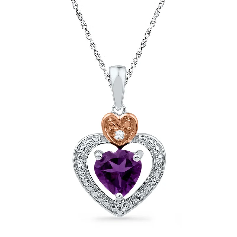 Peaked ridge necklace-10kt Two-tone Gold Womens Heart Lab-Created Amethyst & Diamond Heart Pendant 3/4 Cttw